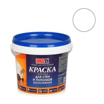 Краска акриловая 1.2 кг для стен и потолков BROZEX, белоснежная