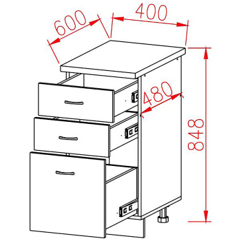 Шкаф напольный 400х850х600 мм BROZEX-WOOD Серый лед, с тремя ящиками, серый / графит