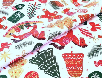 Клеёнка на тканевой основе "Глянец" "Новогодний коллаж" белый фон шир.1,37м GW-21769 "Great Way" *20